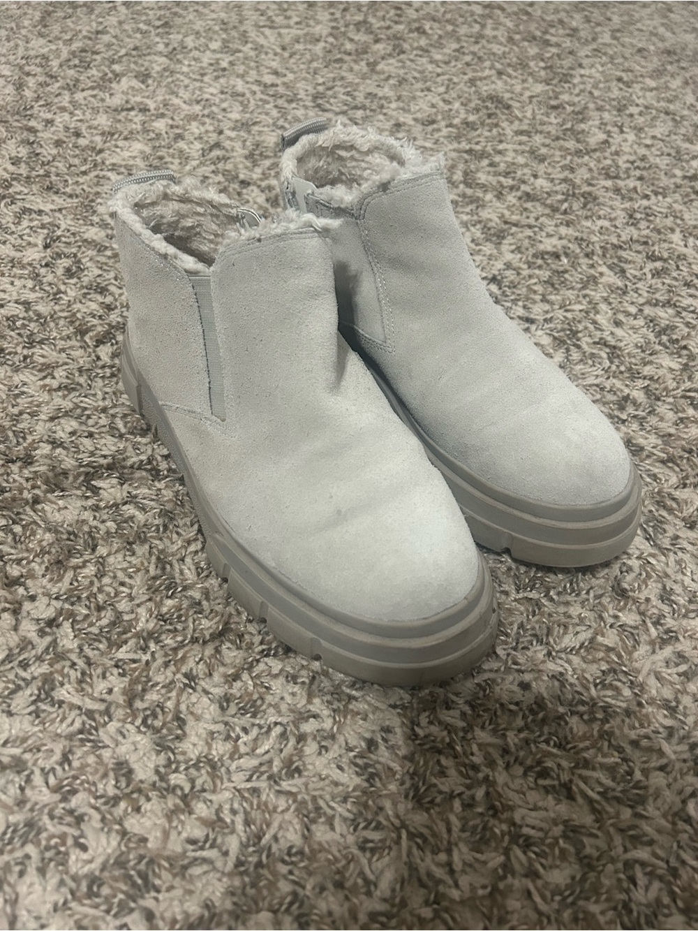 Franco Sarto Light Gray Faux Suede Sherpa-Lined Ankle Boots